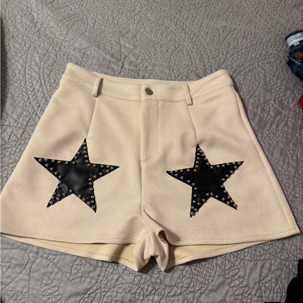 Elegant Cream High Waist Shorts with Black Star Details